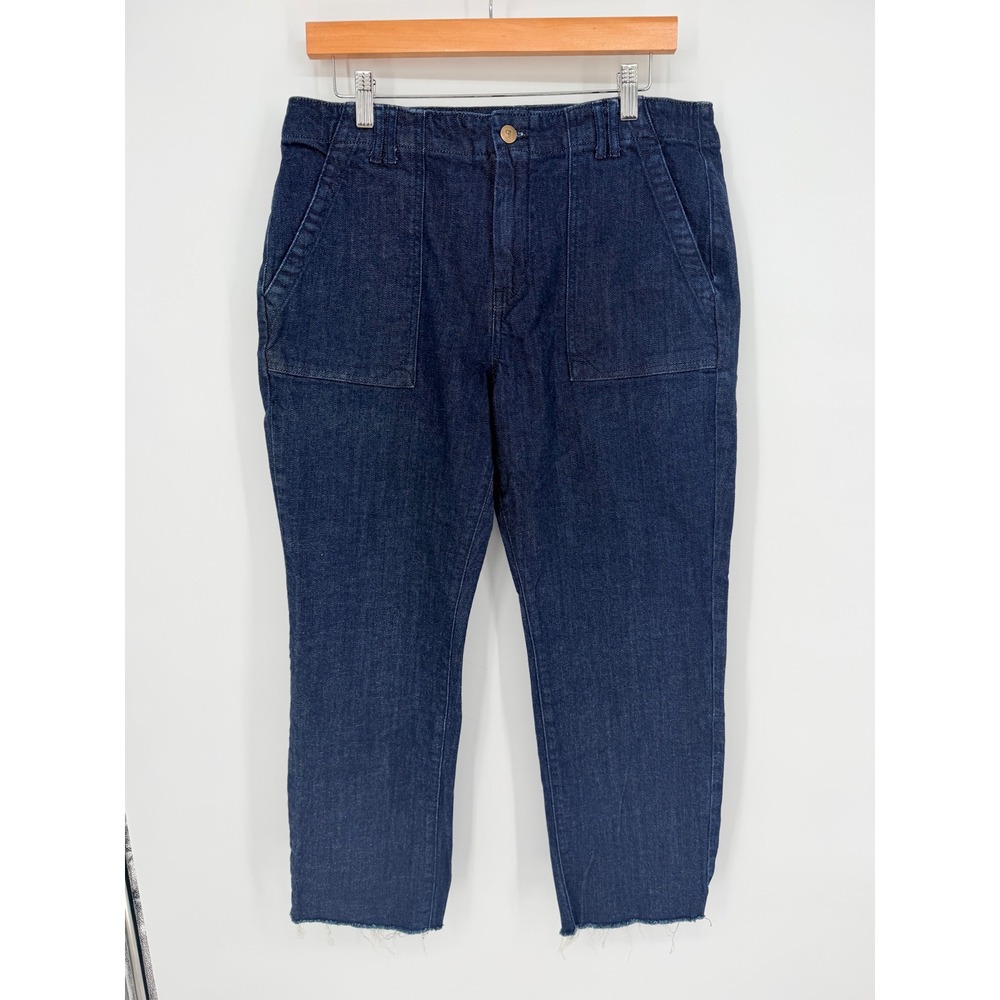Pilcro Utility Jeans 31 Dark Indigo Raw Hem High Rise Straight Leg Boho Chic